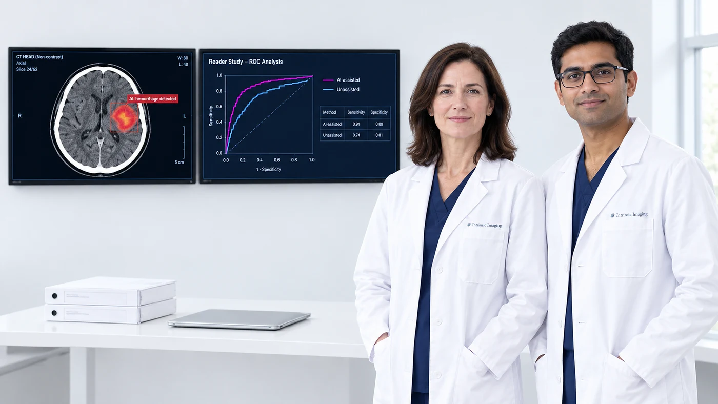 Intrinsic Imaging chief medical officer and head of AI trials beside monitors showing a head CT with AI hemorrhage detection and a reader–study ROC analysis
