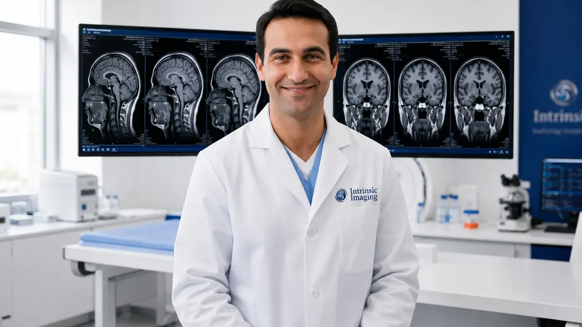 Intrinsic Imaging radiologist reviewing brain MRI scans in the reading room