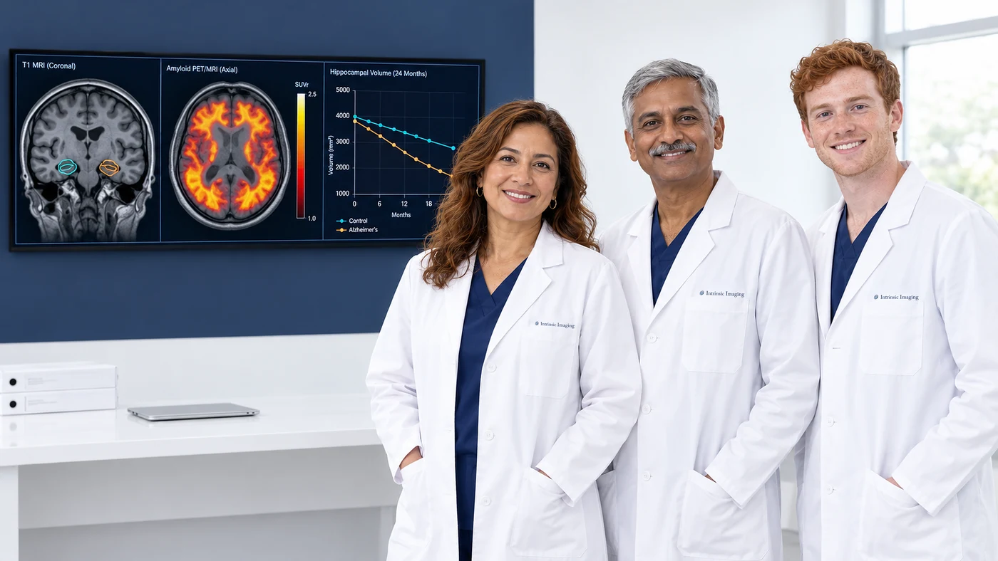Imaging core lab team beside a monitor showing an Alzheimer’s trial case: coronal MRI with hippocampal segmentation, amyloid PET/MRI fusion and a 24-month hippocampal volume chart