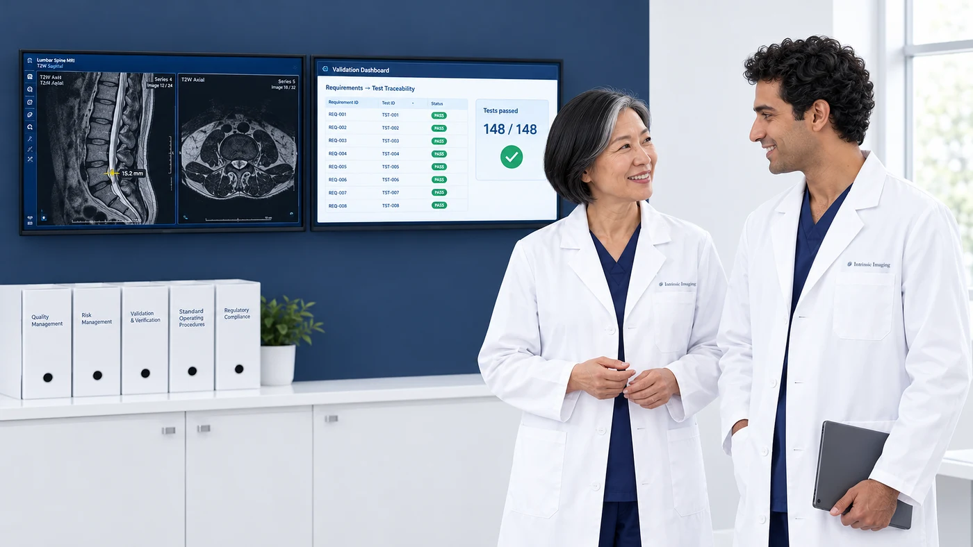 Validation lead and software engineer beside monitors showing a lumbar spine MRI validation test dataset and a requirements-to-test traceability dashboard with all tests passed