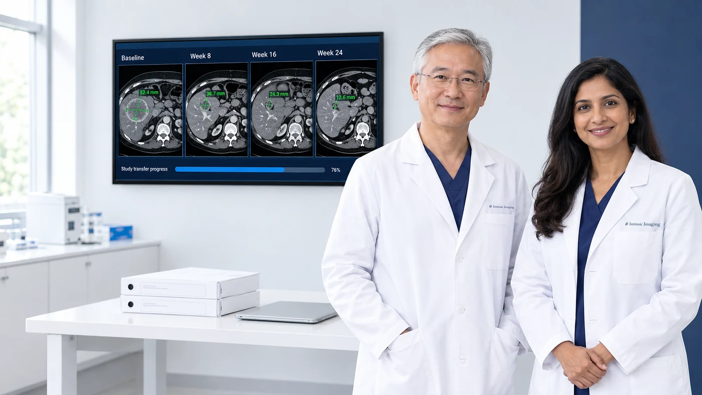 Radiologist and clinical project manager beside a monitor showing a RECIST 1.1 abdominal CT comparison at baseline and three follow-ups with a study transfer progress bar