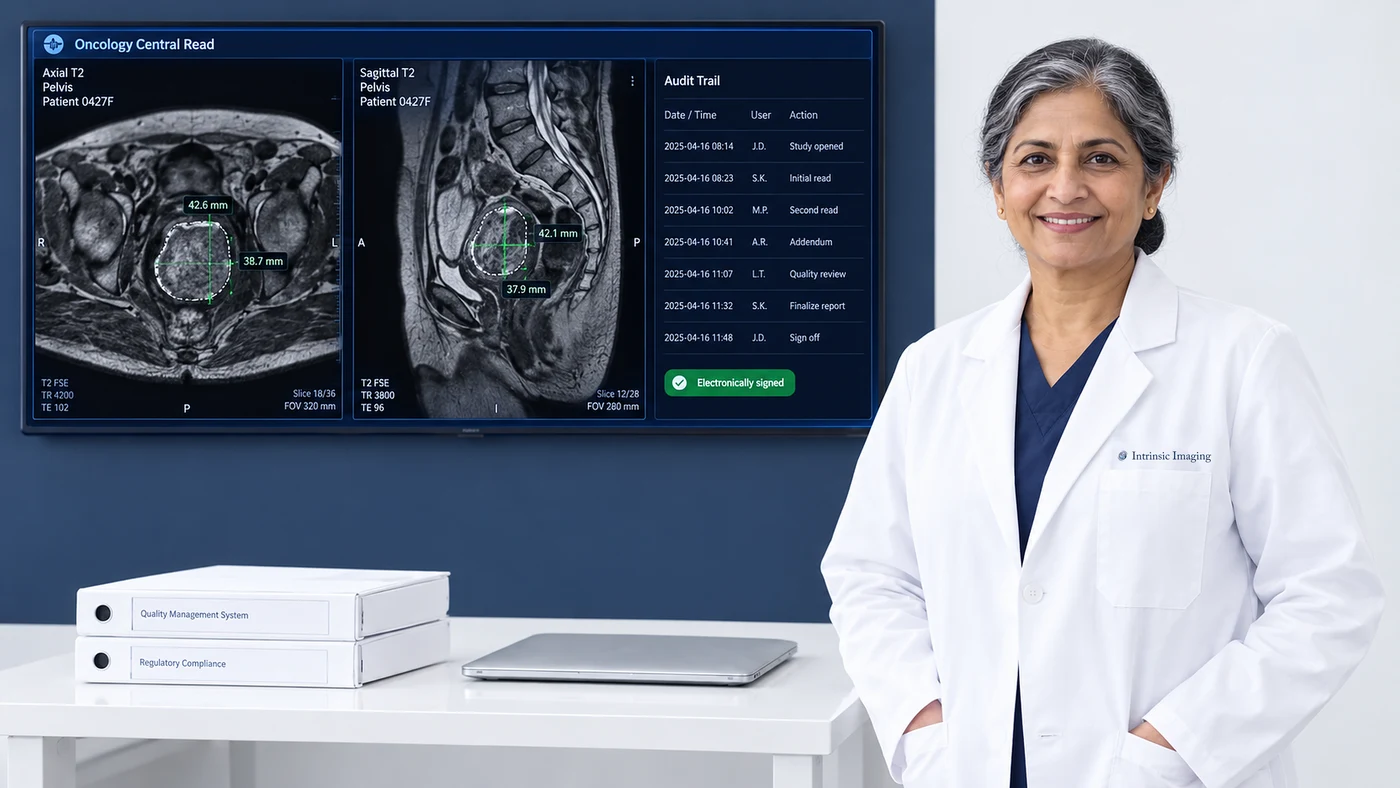 Quality director beside a monitor showing an oncology central read of pelvic MRI with measurements and an audit trail ending in electronic signature, quality-system binders in the foreground