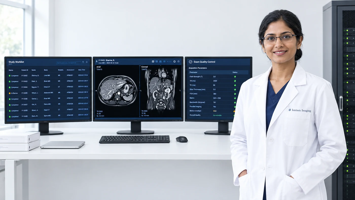 Imaging informatics specialist beside a three-monitor workstation showing the imaging platform worklist, axial and coronal liver MRI, and an exam quality-control parameter check