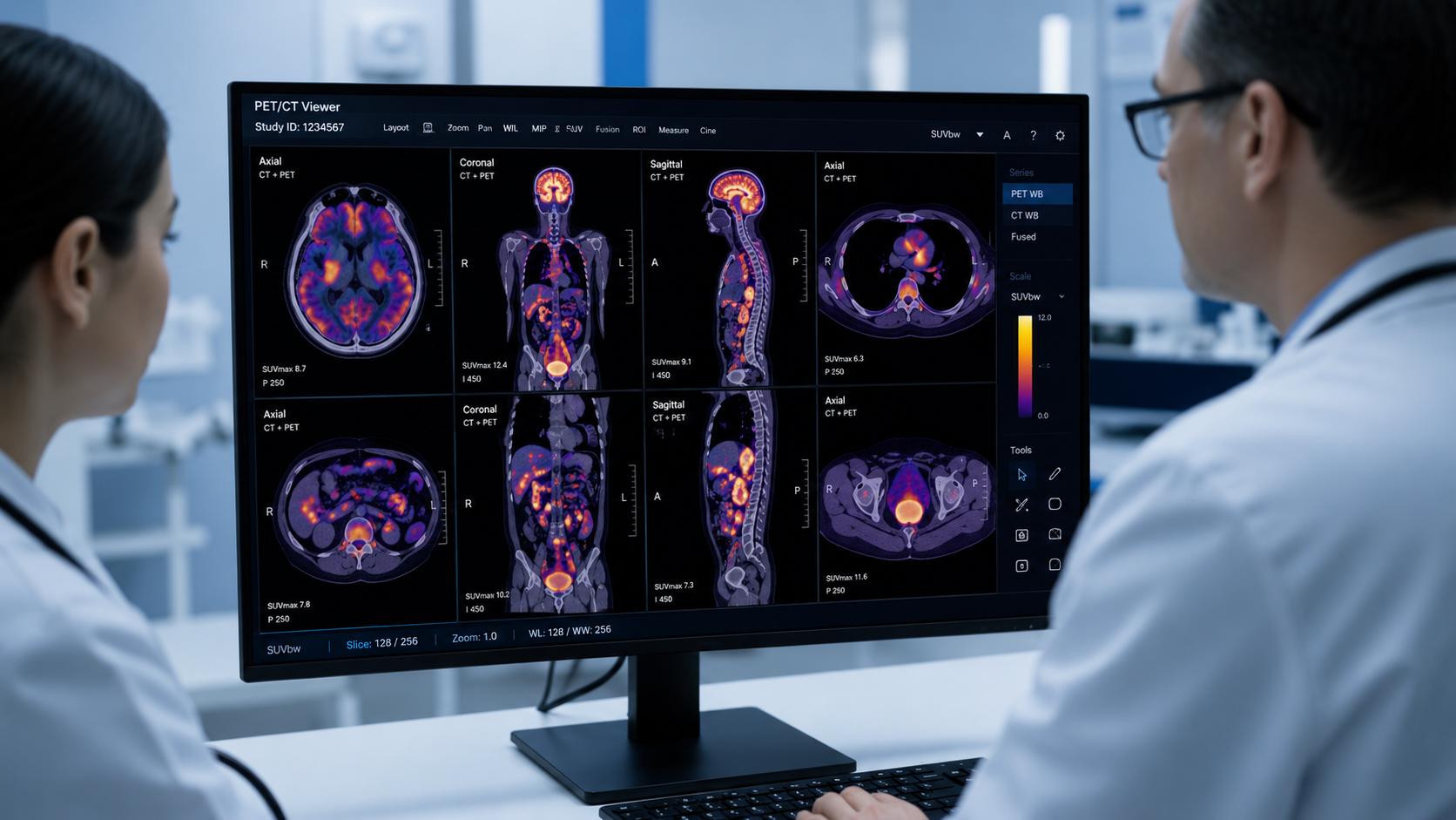 AI software analyzing medical images with segmentation overlays on a radiology workstation