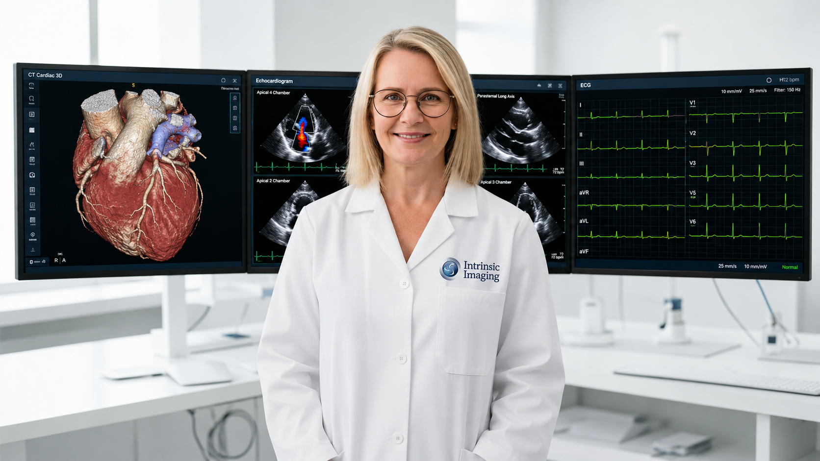 Cardiologist in front of cardiac MRI and coronary CT angiography monitors