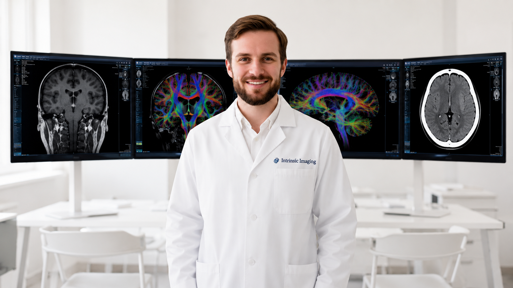 Neuroradiologist in front of brain MRI and DTI tractography monitors