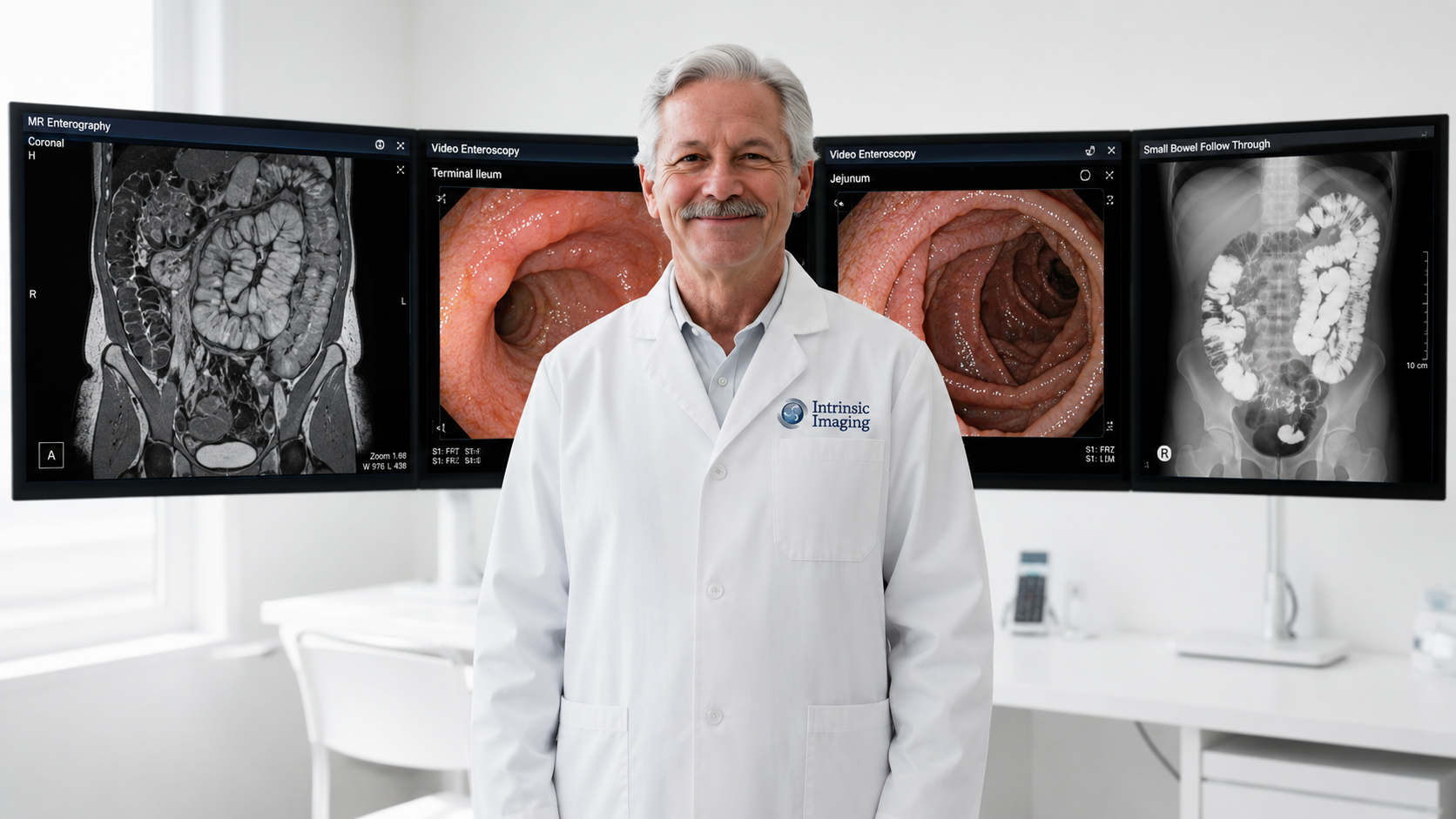 Gastroenterologist in front of abdominal CT, MR enterography, and endoscopy monitors
