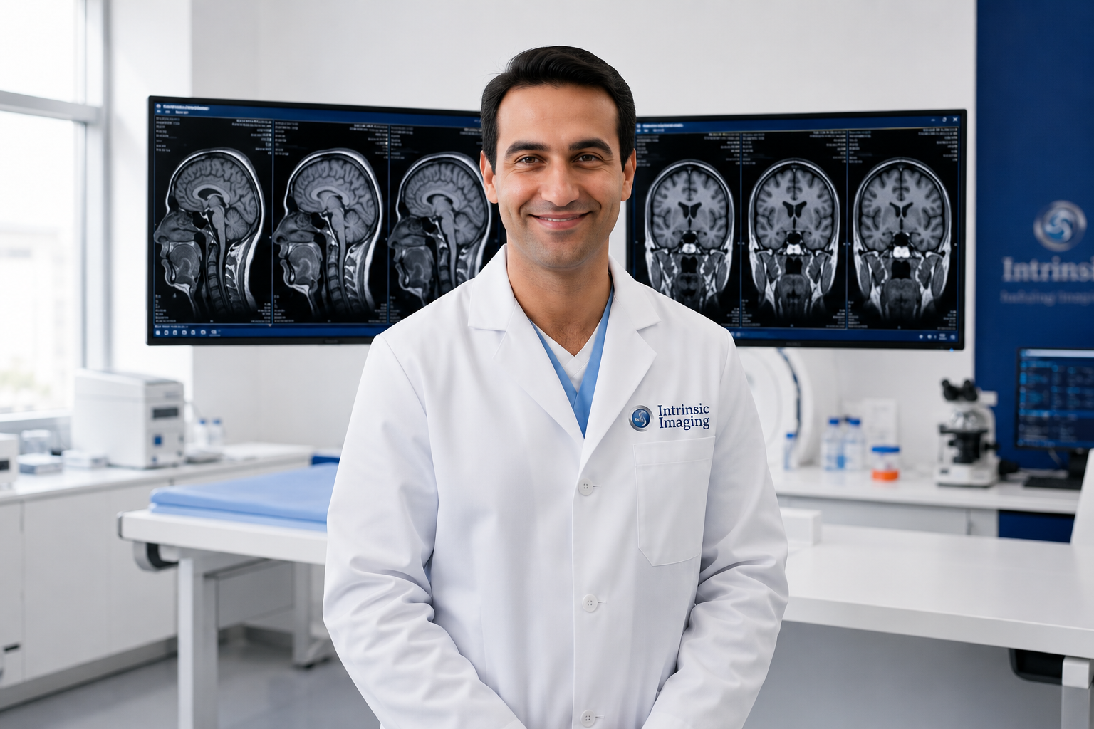 Radiologist reviewing brain MRI scans in a clinical trial core lab