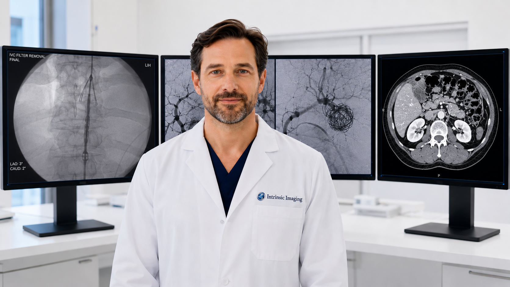 Radiologist in white Intrinsic Imaging lab coat in front of monitors displaying medical devices, stents, and catheter imaging