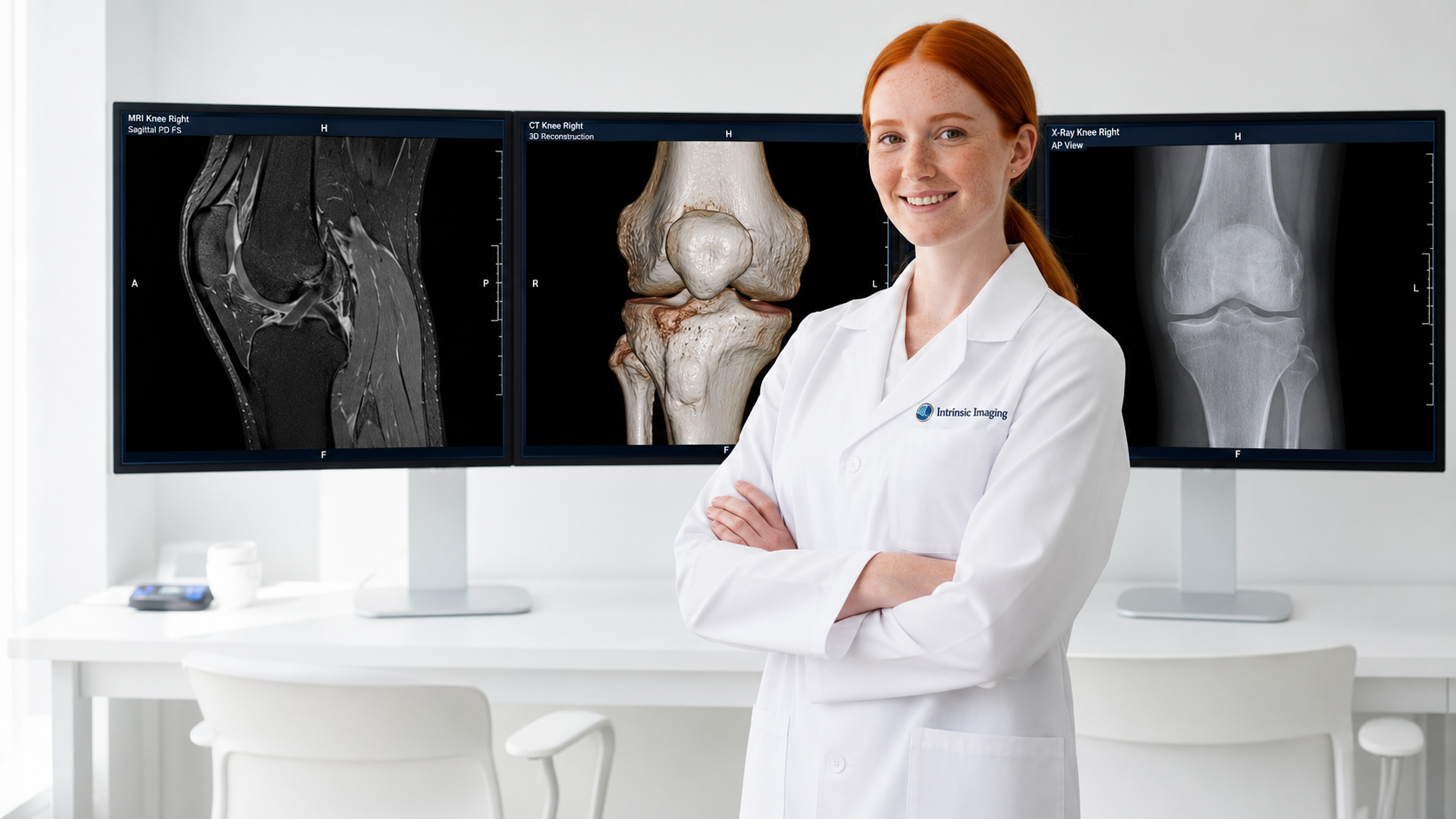 Musculoskeletal radiologist in front of knee MRI, spine X-ray, and skeletal imaging monitors