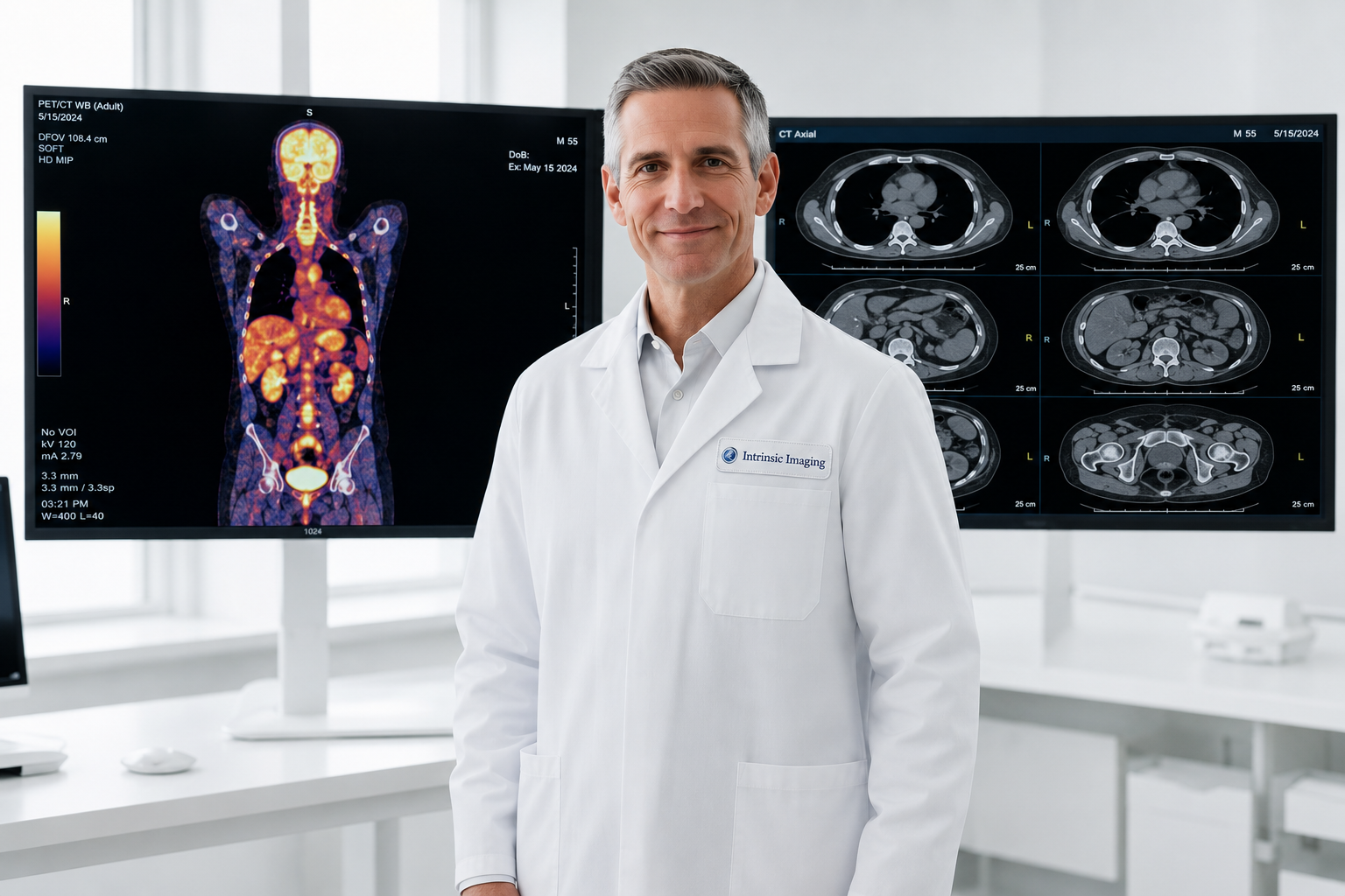 Oncology radiologist reviewing a chest CT with a highlighted lung tumor lesion