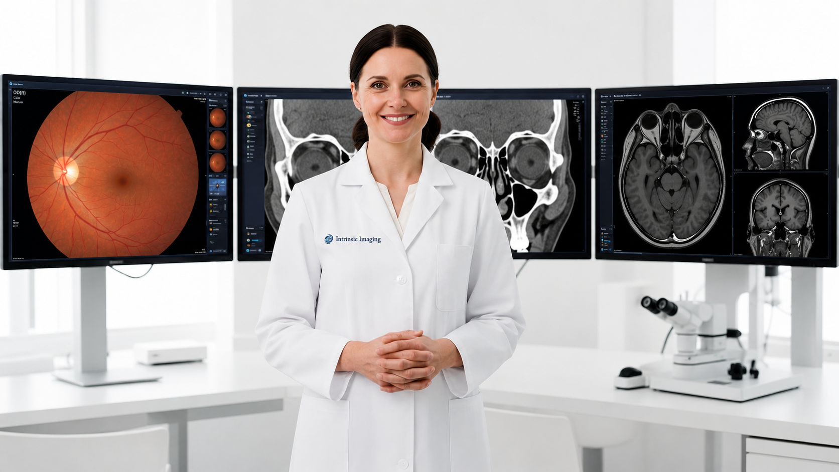 Ophthalmologist in front of OCT retinal scans and fundus photography monitors