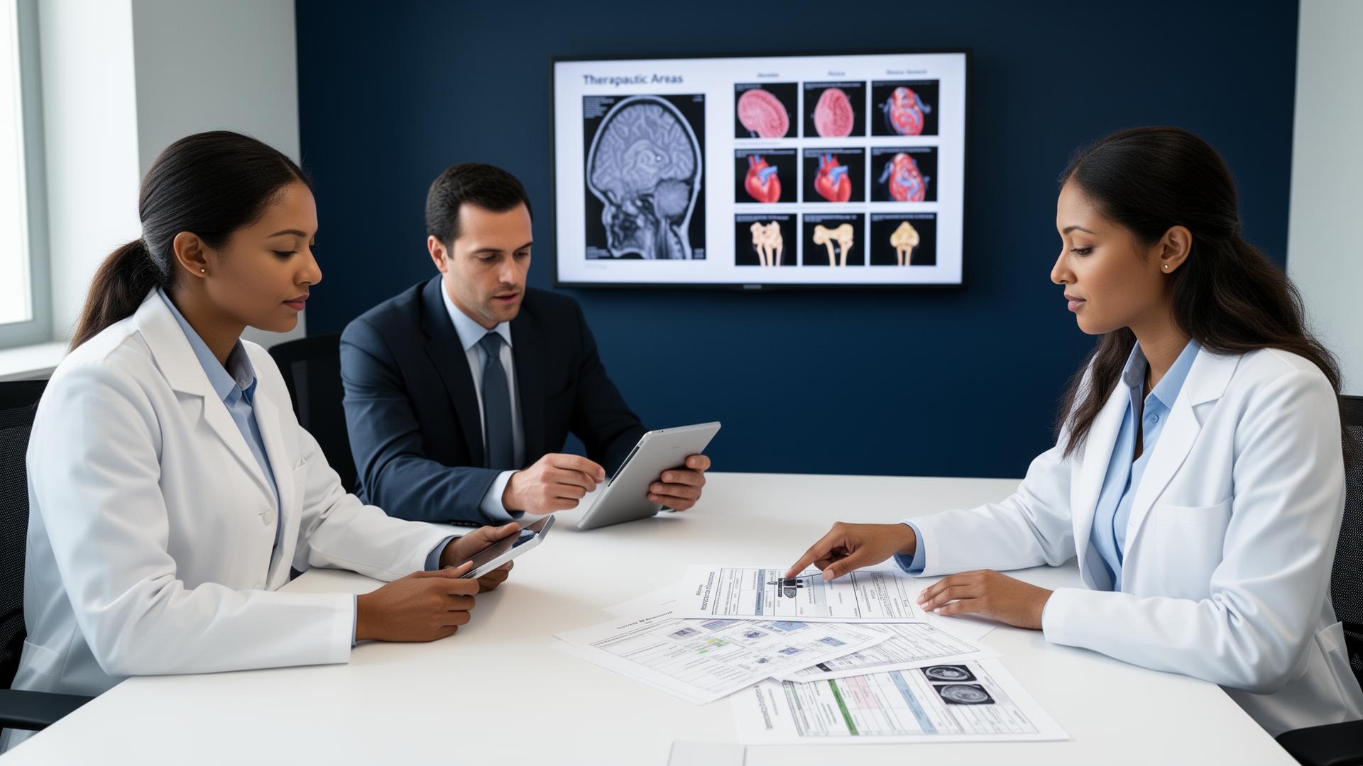 Clinical research team reviewing imaging protocols across therapeutic areas
